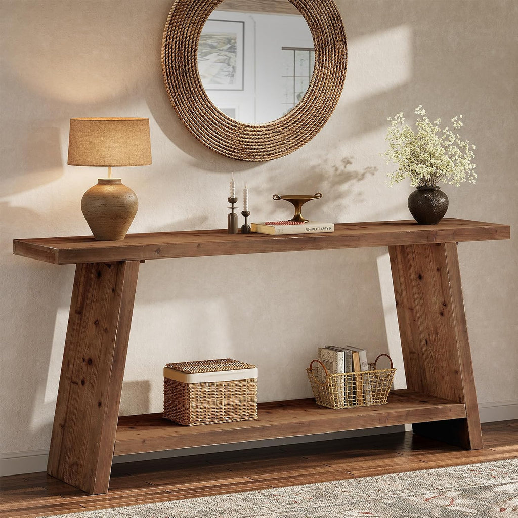 70.9'' Solid Wood Console Table, Narrow Long Sofa Table Behind Couch with 2-Tier Storage, Farmhouse Entryway Table for Living Room, Hallway, Foyer, Brown