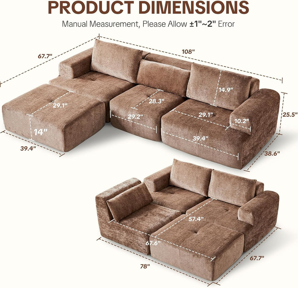 108' Modular Sectional Sofa - L-Shape Chaise, Modern Modular Cloud Couch with Deep Seat and Pillow, Boneless Couch Comfy Sofa for Living Room & Apartment, No Assembly(Camel)
