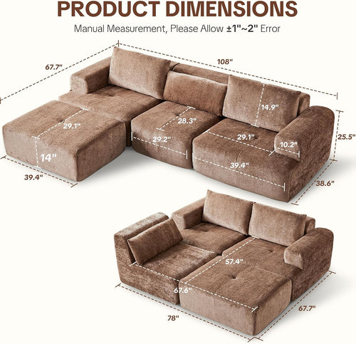 108' Modular Sectional Sofa - L-Shape Chaise, Modern Modular Cloud Couch with Deep Seat and Pillow, Boneless Couch Comfy Sofa for Living Room & Apartment, No Assembly(Camel)