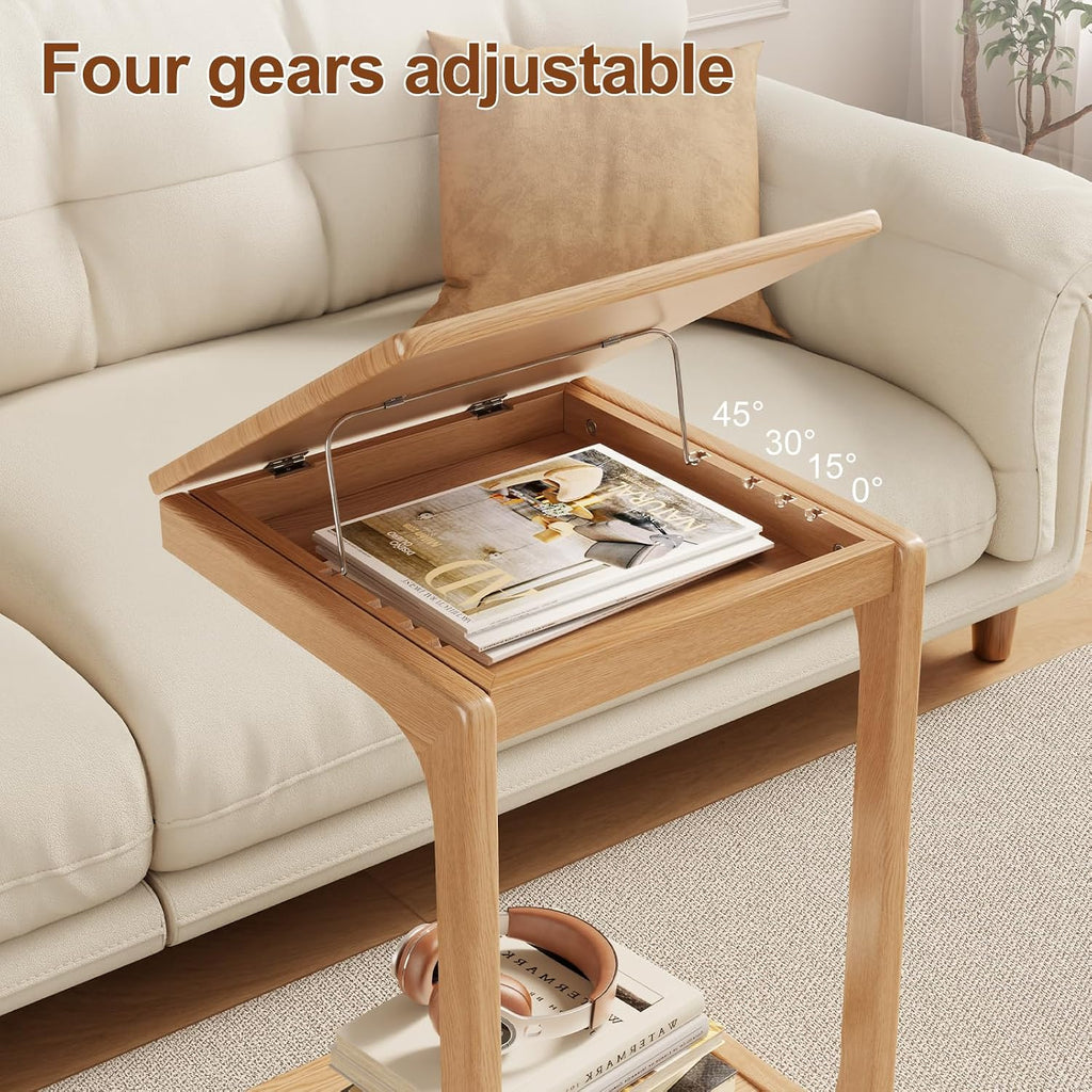 AQIMUELE Wooden C-Shaped End Table,Couch Table with Adjustable Desktop,Small Rolling Side Table with 2 Lockable Wheels,Small End Table for Couch, Living Room,Bedroom (Natural)