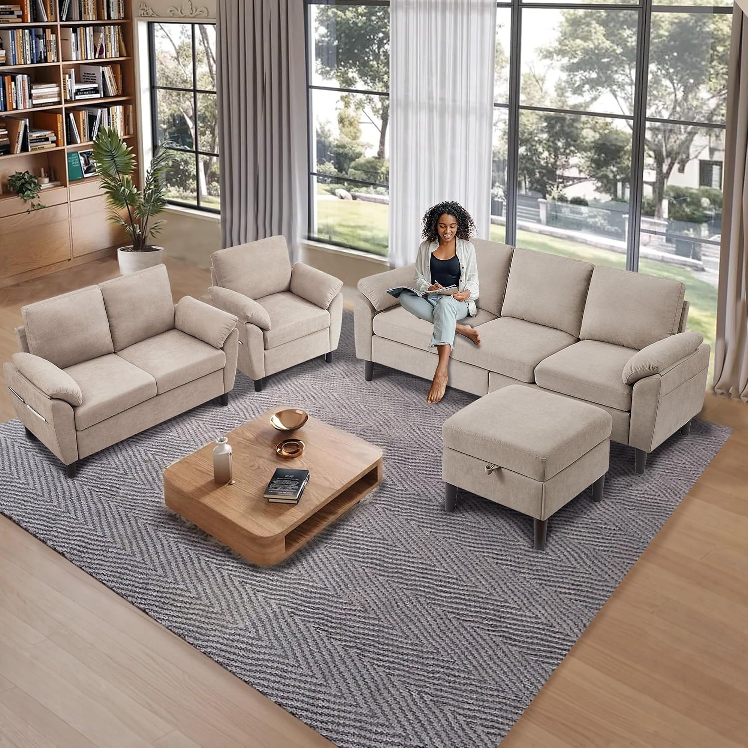3 Pieces Sectional Sofa Set, 79' Modern L Shaped Couch & 57' Loveseat & 35' Accent Chair, Linen Upholstered Sofa Set with Movable Ottoman, Couches for Living Room, Apartment, Beige