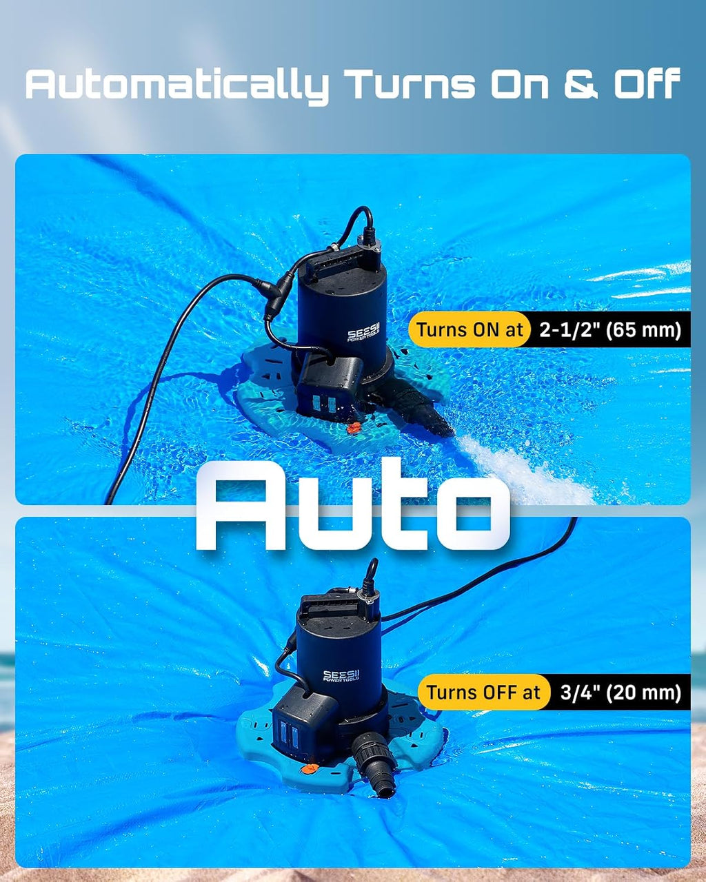 SEESII 1/3HP Pool Cover Pump - Automatic On/Off, 3035GPH Submersible Water Pump with Filter Net, 25ft Power Cord, Check Valve, Sump Pump for Swimming Pool, Hot Tubs, Pond, Basement, Rooftops