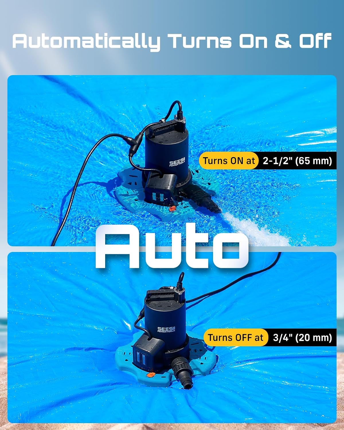 SEESII 1/3HP Pool Cover Pump - Automatic On/Off, 3035GPH Submersible Water Pump with Filter Net, 25ft Power Cord, Check Valve, Sump Pump for Swimming Pool, Hot Tubs, Pond, Basement, Rooftops