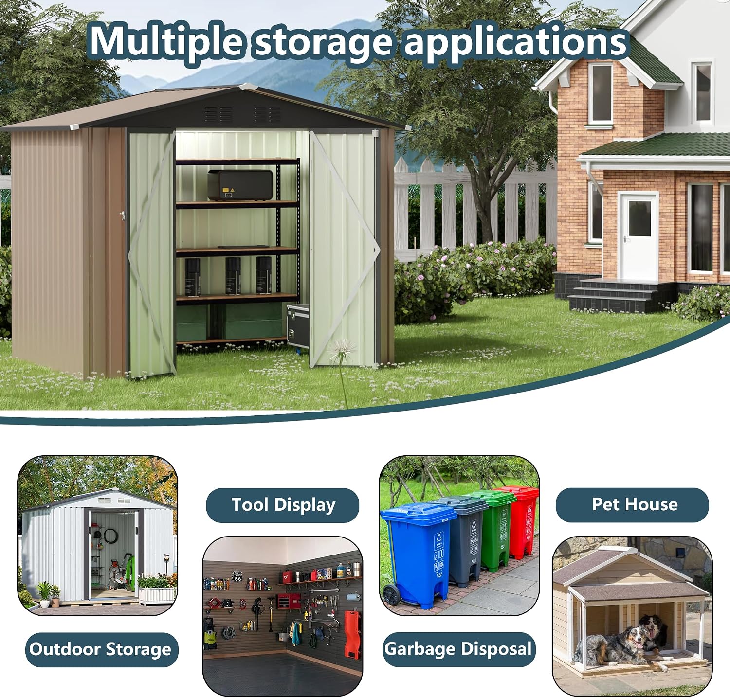 7.4FT x 5.3FT Storage Garden shed with Apex Roof for Patio Backyard use Galvanized Steel Tool Sheds Storage House