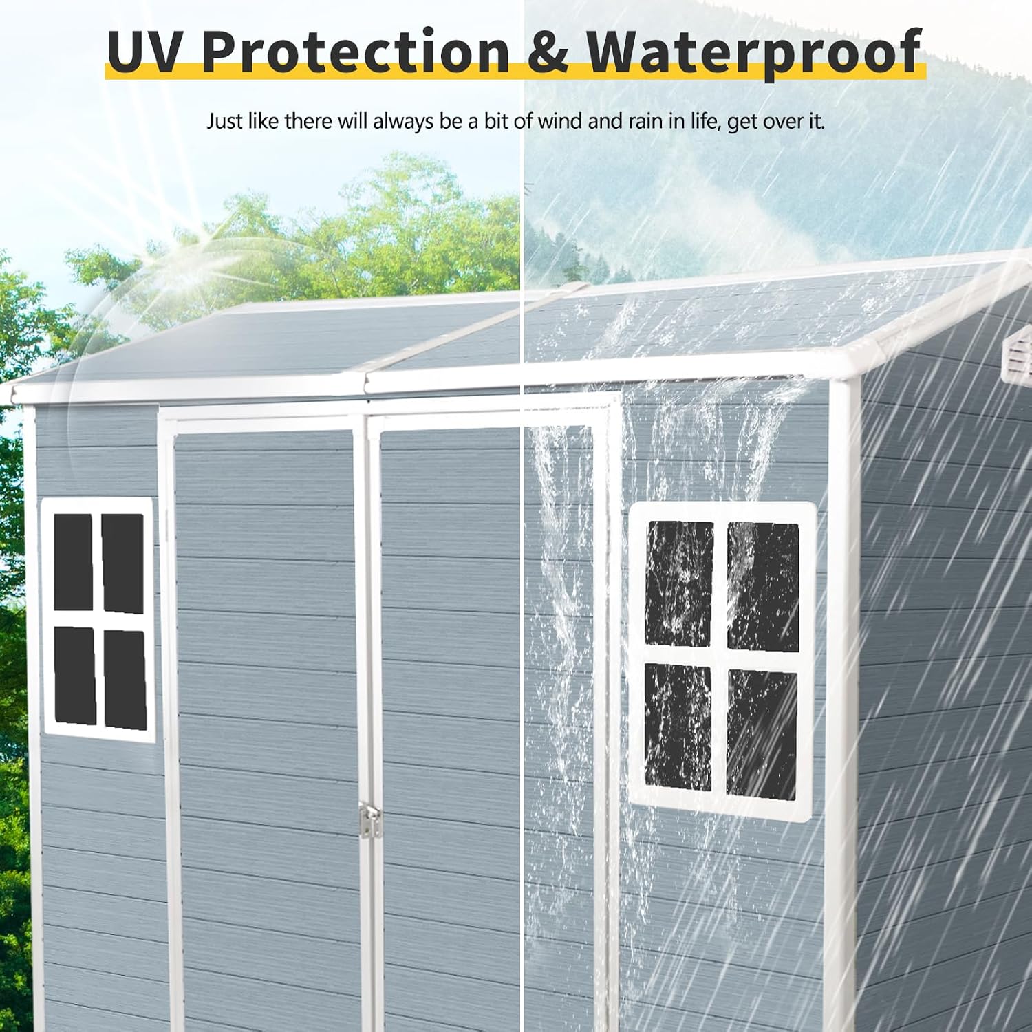 KEIKI 4x8 FT Outdoor Storage Shed Waterproof Resin Cabinet,Sloped Roof Polypropylene Frame with Two-Window and Double-Door for Patio Furniture Tools