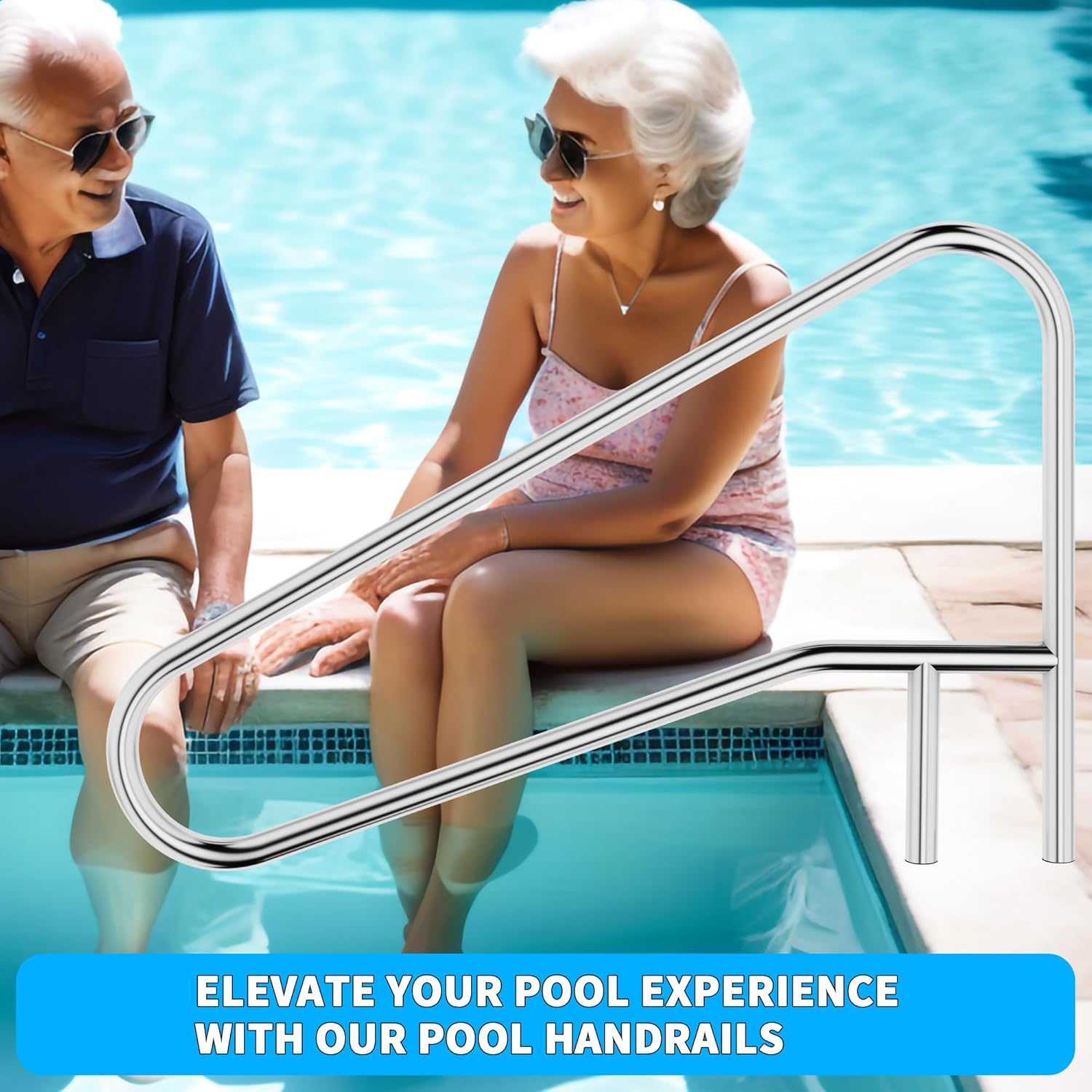 ECOTRIC Pool Handrail Swimming Pool Stair Rail 49-3/8'X35-3/8 304 Stainless Steel Deck Mounted Cross Brace 300Lbs Load Capacity