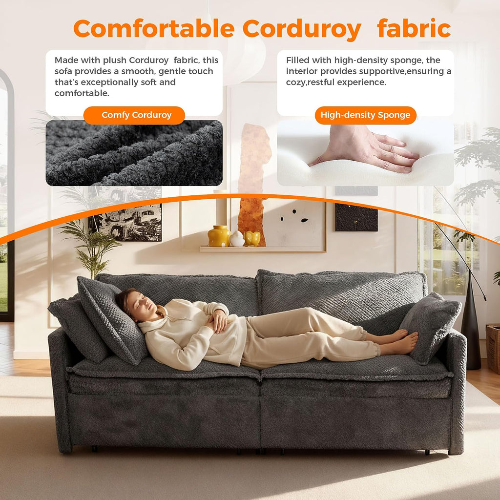 3 in 1 King Size Sofa Bed-73.6' Convertible Sofa Bed with USB/C-Type Charging Ports,Corduroy Sleeper Sofas with Side Pockets,Loveseat Chaise Lounge for Living Room,Bedroom,Apartments,Grey
