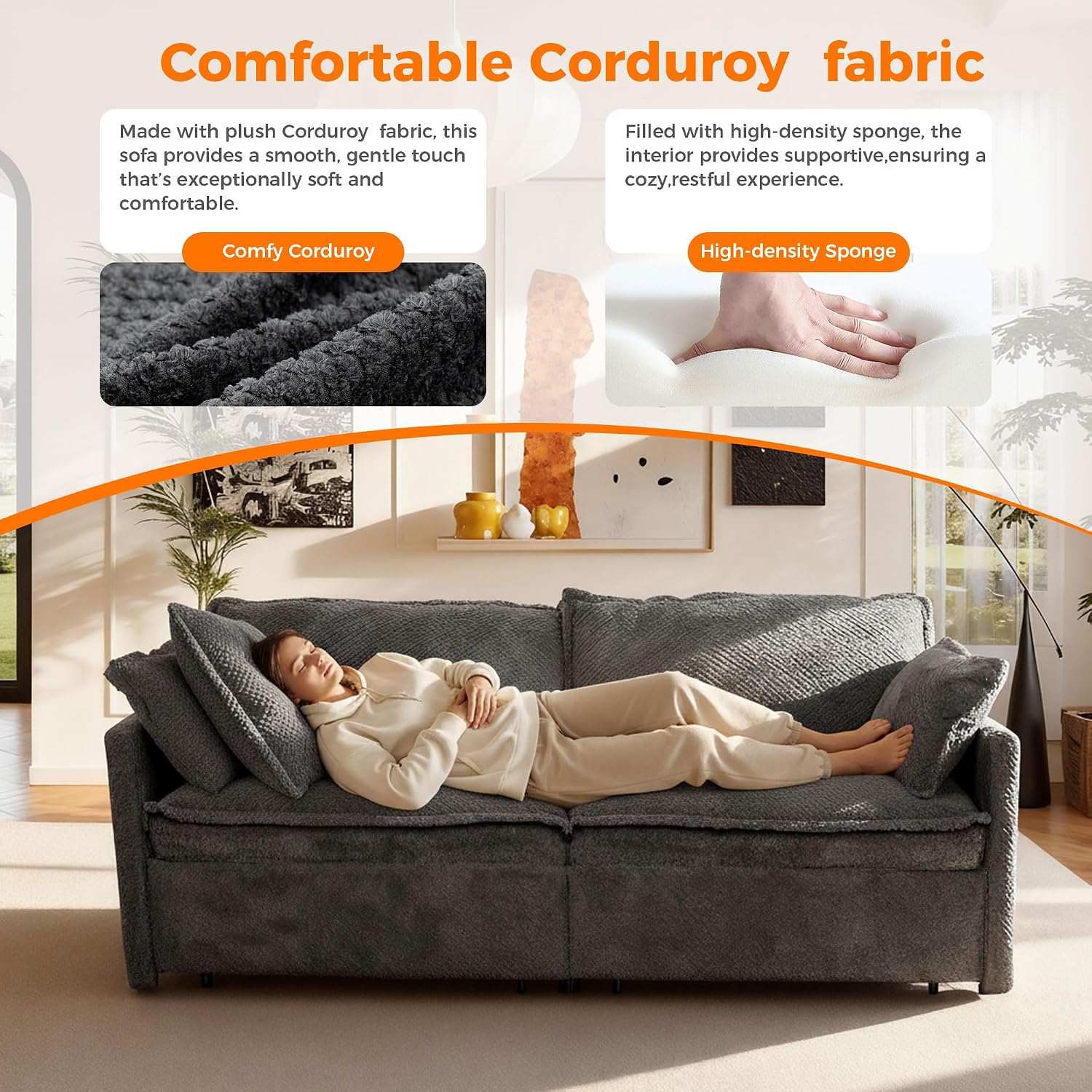 3 in 1 King Size Sofa Bed-73.6' Convertible Sofa Bed with USB/C-Type Charging Ports,Corduroy Sleeper Sofas with Side Pockets,Loveseat Chaise Lounge for Living Room,Bedroom,Apartments,Grey