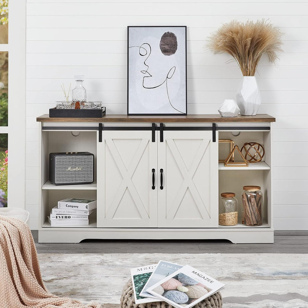 AMERLIFE 59' Fireplace TV Stand for TVs up to 65', Farmhouse Entertainment Center with Sliding Barn Doors, Storage Cabinets and Adjustable Shelves, Distressed White & Barnwood