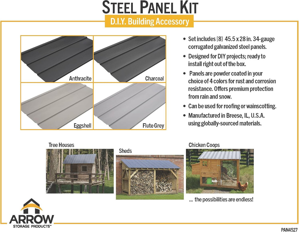 Arrow Set of 8 Galvanized Steel 2x4 Ft Corrugated Metal Panels for DIY Shed, Garage, Carport, and Mobile Home Projects, Made in USA, Flute Grey