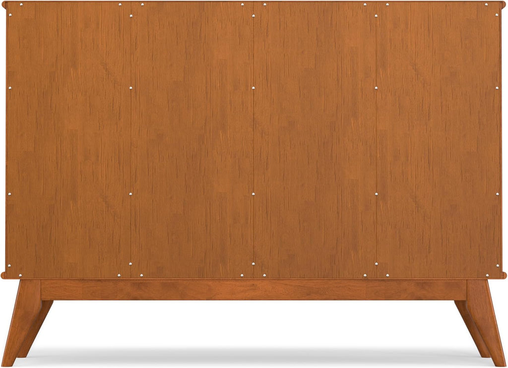 SIMPLIHOME Draper Console Table - 57 Inch Wide Solid Hardwood 8-Cube Sofa Table in Teak Brown, Mid-Century Modern Bookcase for Entryway or Living Room with 8 Open Storage Cubbies and Tapered Legs