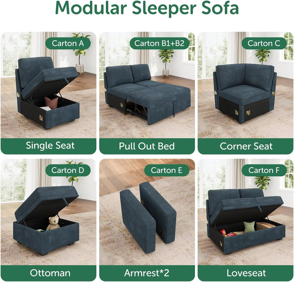 HONBAY Square Ottoman Module for Modular Sectional Sleeper Sofa, Storage Ottoman Footrest and Seat Cube, Velvet Blue