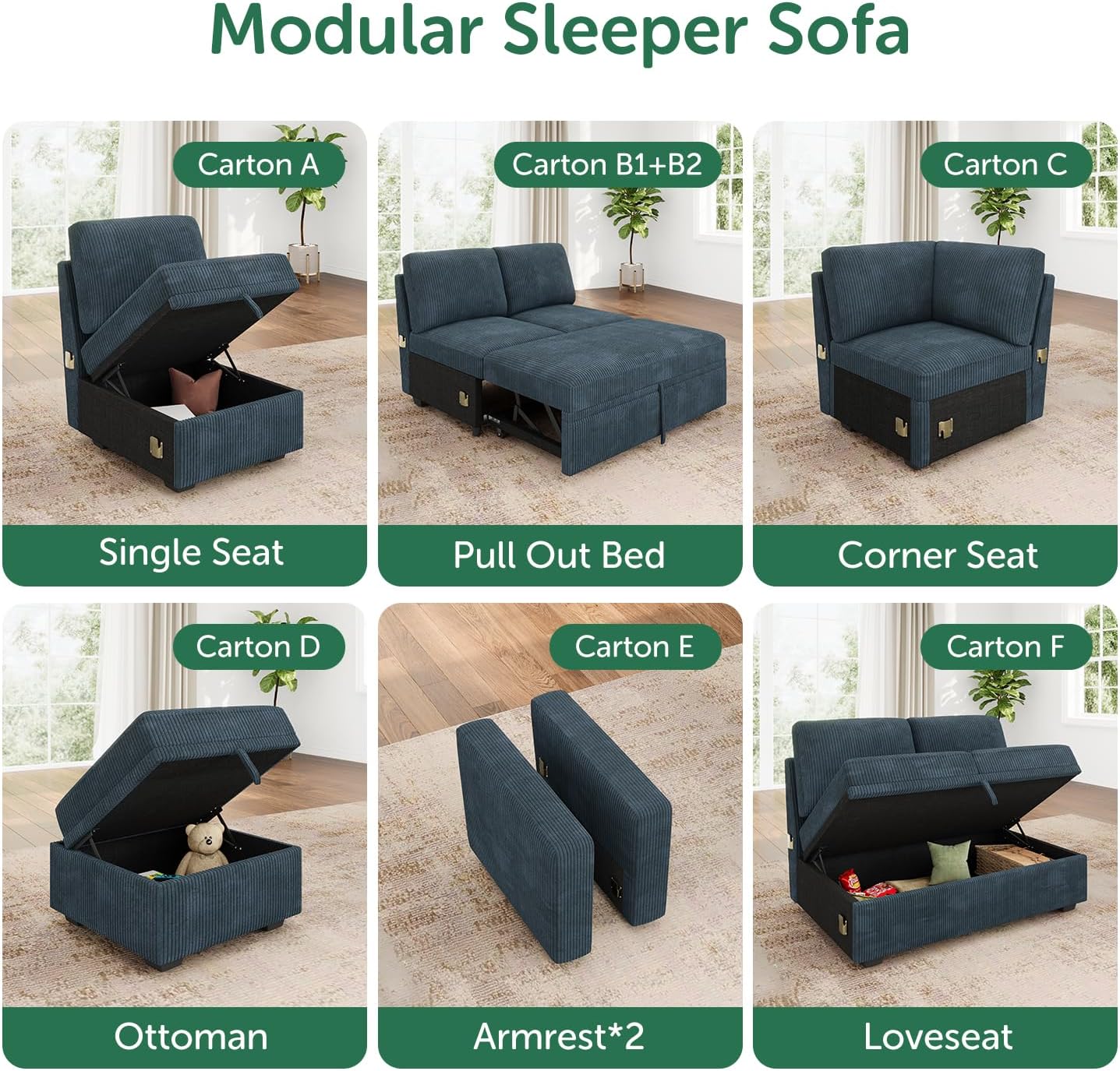 HONBAY Square Ottoman Module for Modular Sectional Sleeper Sofa, Storage Ottoman Footrest and Seat Cube, Velvet Blue