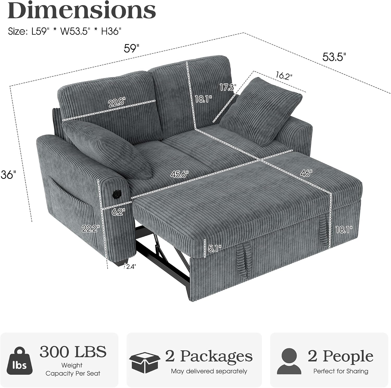 Ihanherry 59-inch Corduroy Convertible Sofa Bed with USB Charging Port, Side Pockets, and Wide Armrests – Full Size Sleeper for Living Room, Bedroom, and Multi-Scenario Use（Gray）
