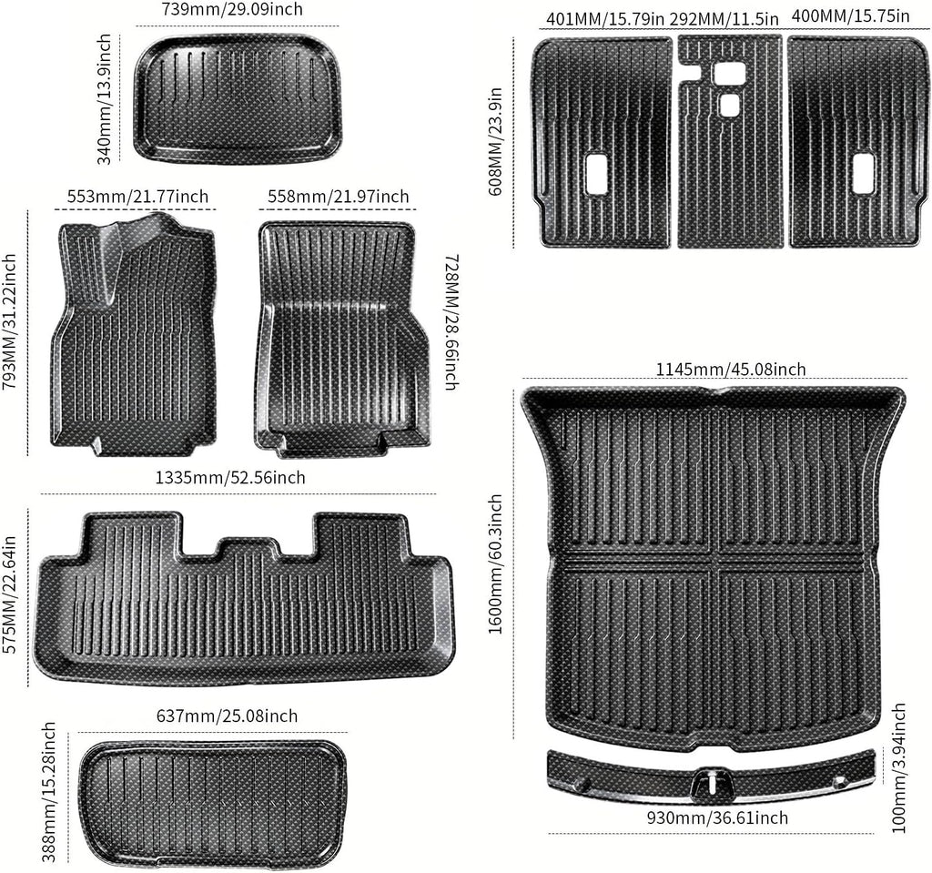 Carbon Fiber Pattern Floor Mats Custom Fit for Tesla Model Y Juniper 2025 2026 5-Seater,8-Piece All Weather TPE Set with Trunk Sill Protector & Rear Seat Back Cover(Not for Standard)