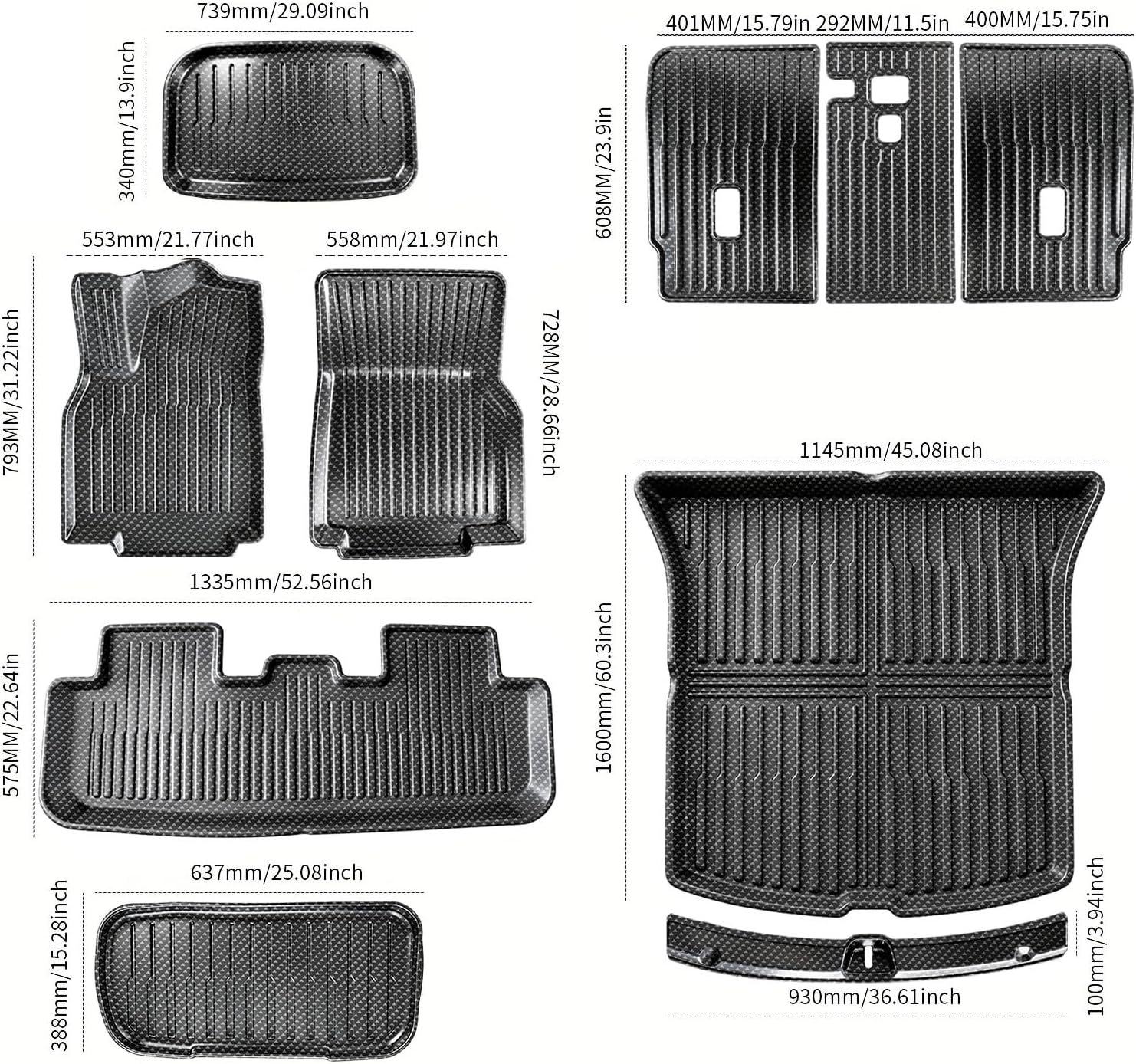 Carbon Fiber Pattern Floor Mats Custom Fit for Tesla Model Y Juniper 2025 2026 5-Seater,8-Piece All Weather TPE Set with Trunk Sill Protector & Rear Seat Back Cover(Not for Standard)
