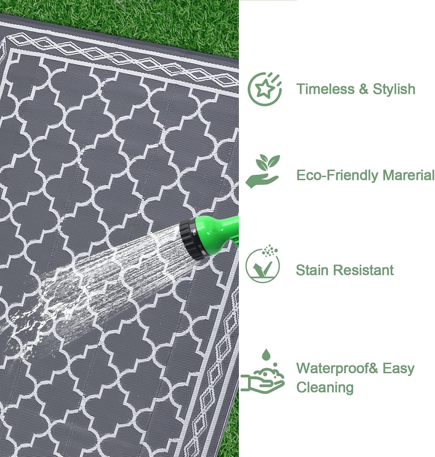 Outdoor Rug 10x20 Patio Waterproof, Foldable Reversible Outdoor Plastic Straw Rug Trellis Mat for Camper Outside Carpet for Rv, Deck, Porch, Picnic, Beach, Balcony Trellis|Grey&White