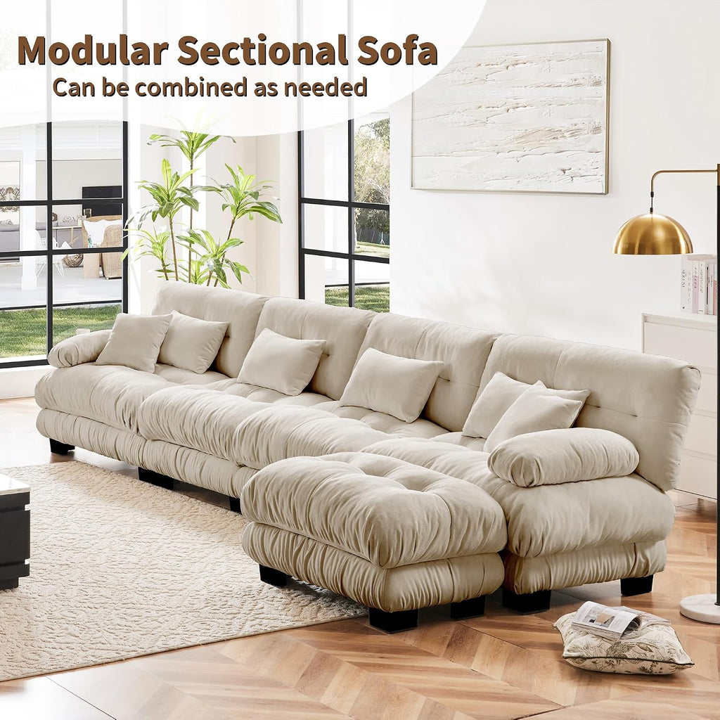 Modular Sectional Sofa 173.2' Cloud Couch, L Shaped Couch with Movable Ottoman, Modern Deep Seat Couches for Living Room, Oversized 4-Seater Sofa Comfy Chenille Sofas for Bedroom, Light Coffee