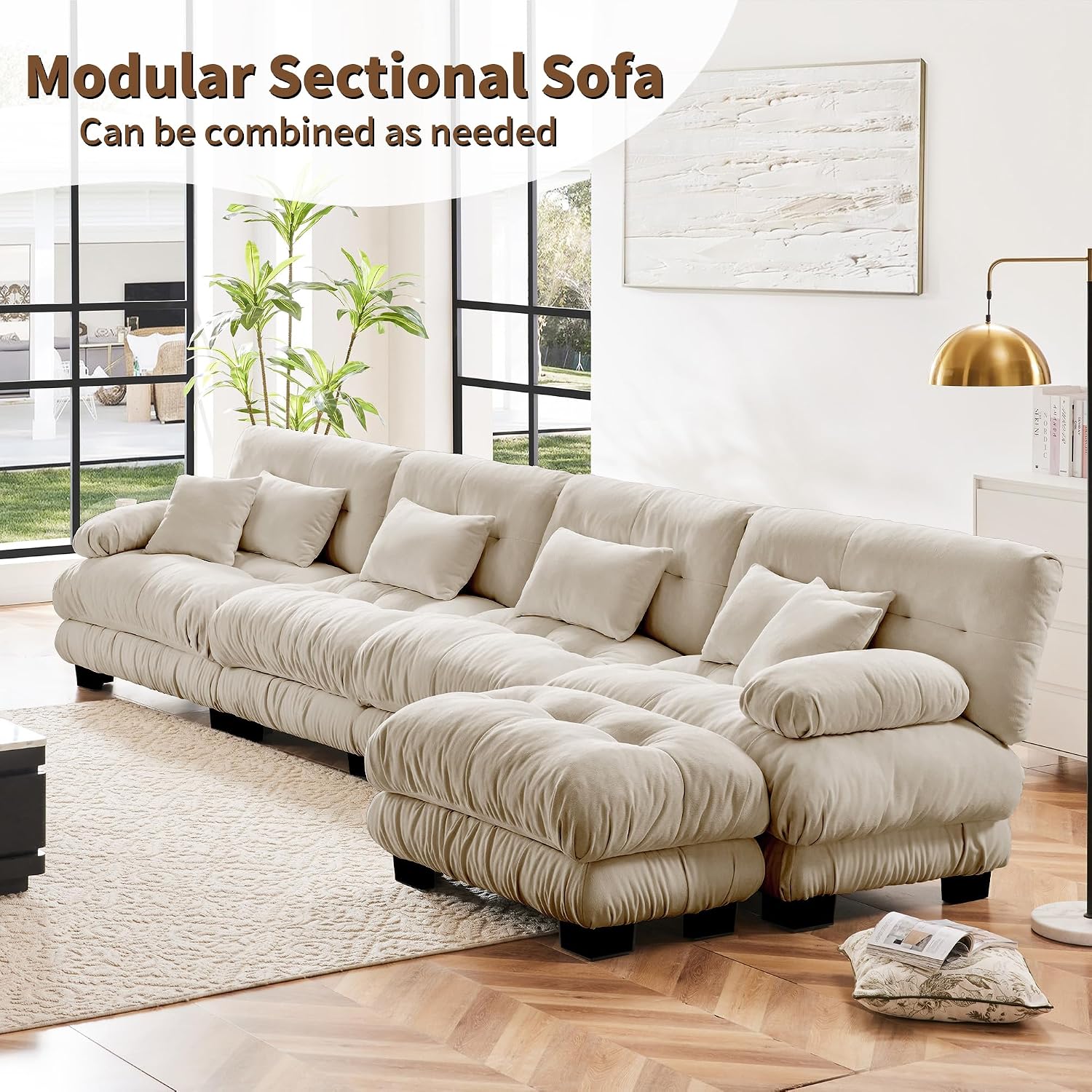 Modular Sectional Sofa 173.2' Cloud Couch, L Shaped Couch with Movable Ottoman, Modern Deep Seat Couches for Living Room, Oversized 4-Seater Sofa Comfy Chenille Sofas for Bedroom, Light Coffee