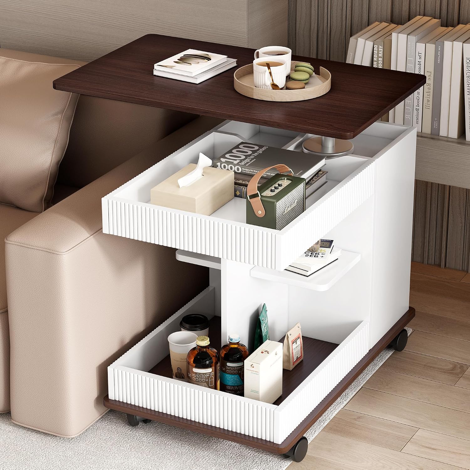Merax Adjustable End Table with Wheels, Modern Multifunctional Sofa Side Table with Lift-Top, 360°Rotating Top and Storage Space for Living Room, Small Space, Brown+White