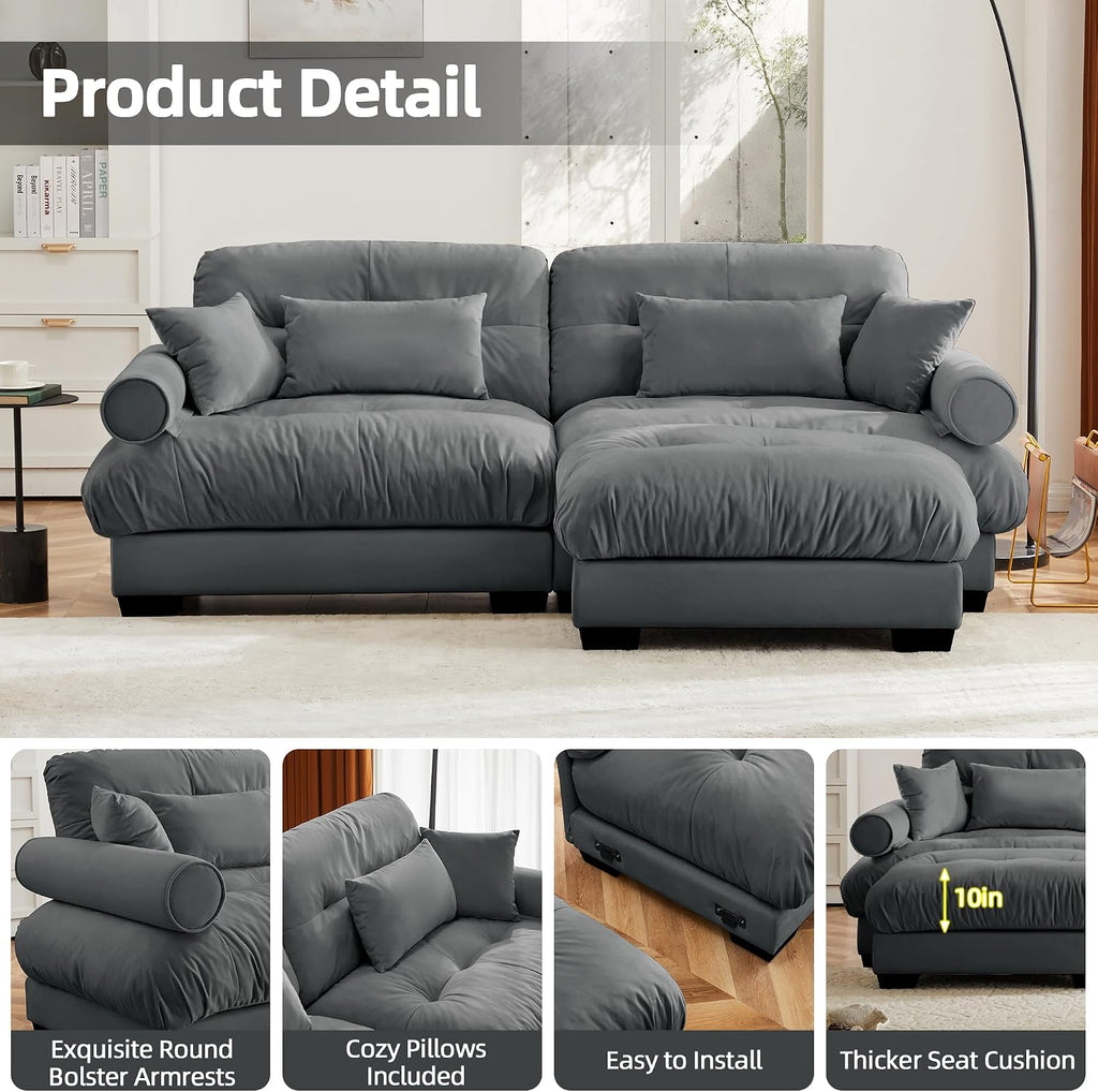 Loveseat Sofa 93.7' Modular Sectional Sofa, 2 Seater Modern Cloud L Shaped Couch, Oversized Sectional Couches for Living Room, Comfy Velvet Sofas Deep Seat Couch with 4 Pillows, Gray