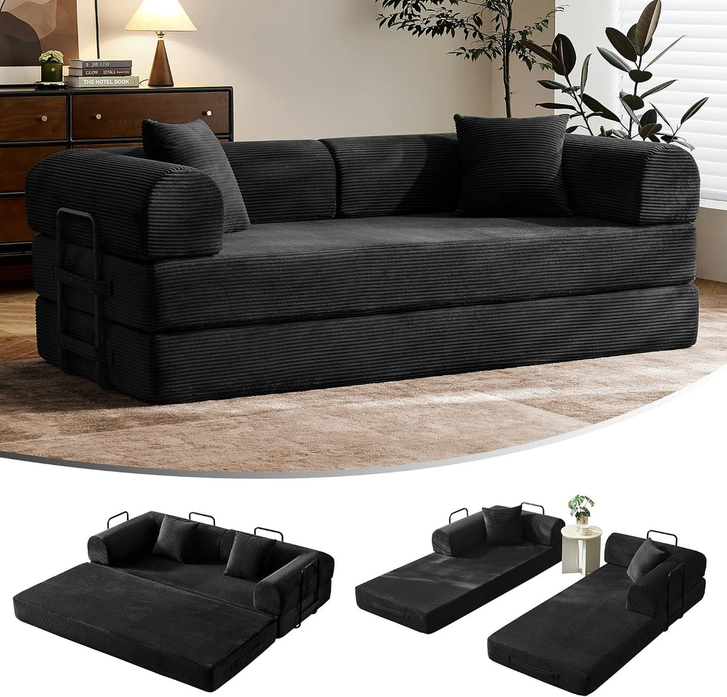 79' Convertible Sofa Bed with Fixed-Shape Frame & Removable Armrests, Modular Corduroy Sleeper Sofa, Folding Mattress Couch for Small Spaces - No Assembly Needed in Black (Includes 2 Pillows)