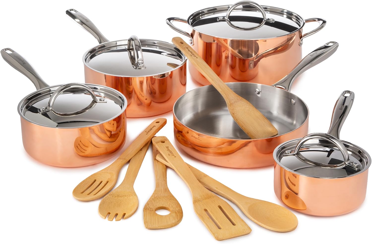BergHOFF Vintage 15Pc Tri-Ply Copper Cookware Set With Stainless Steel Lids, 10Pc 18/10 Stainless Steel Pots and Pans and 5Pc Bamboo Utensil Set Long Ergonomic Shaped Handle 3-layer Base, Polished