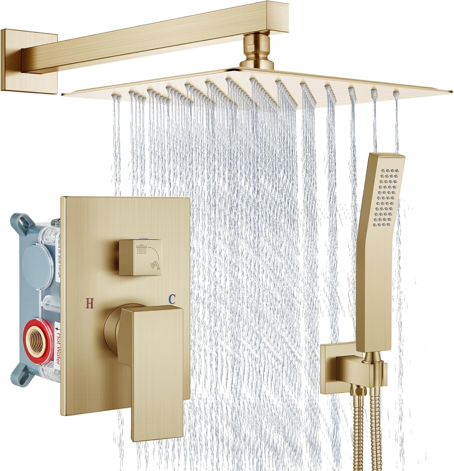 Aolemi Shower Faucet Set Rain Shower System with Handheld Spray Bathroom Shower Combo Rough-in Valve and Shower Trim Kit Included Brushed Gold 12 Inch Wall Mount Shower Head