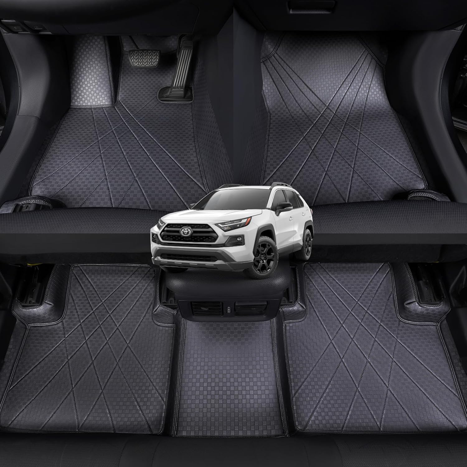 EKR Custom Floor Mats for Toyota RAV4 (Hybrid only) 2019-2025, Front & 2nd Row Luxury Car Floor Mat Fit RAV4 2019 2020 2021 2022 2023 2024 2025 - Leather (Black)
