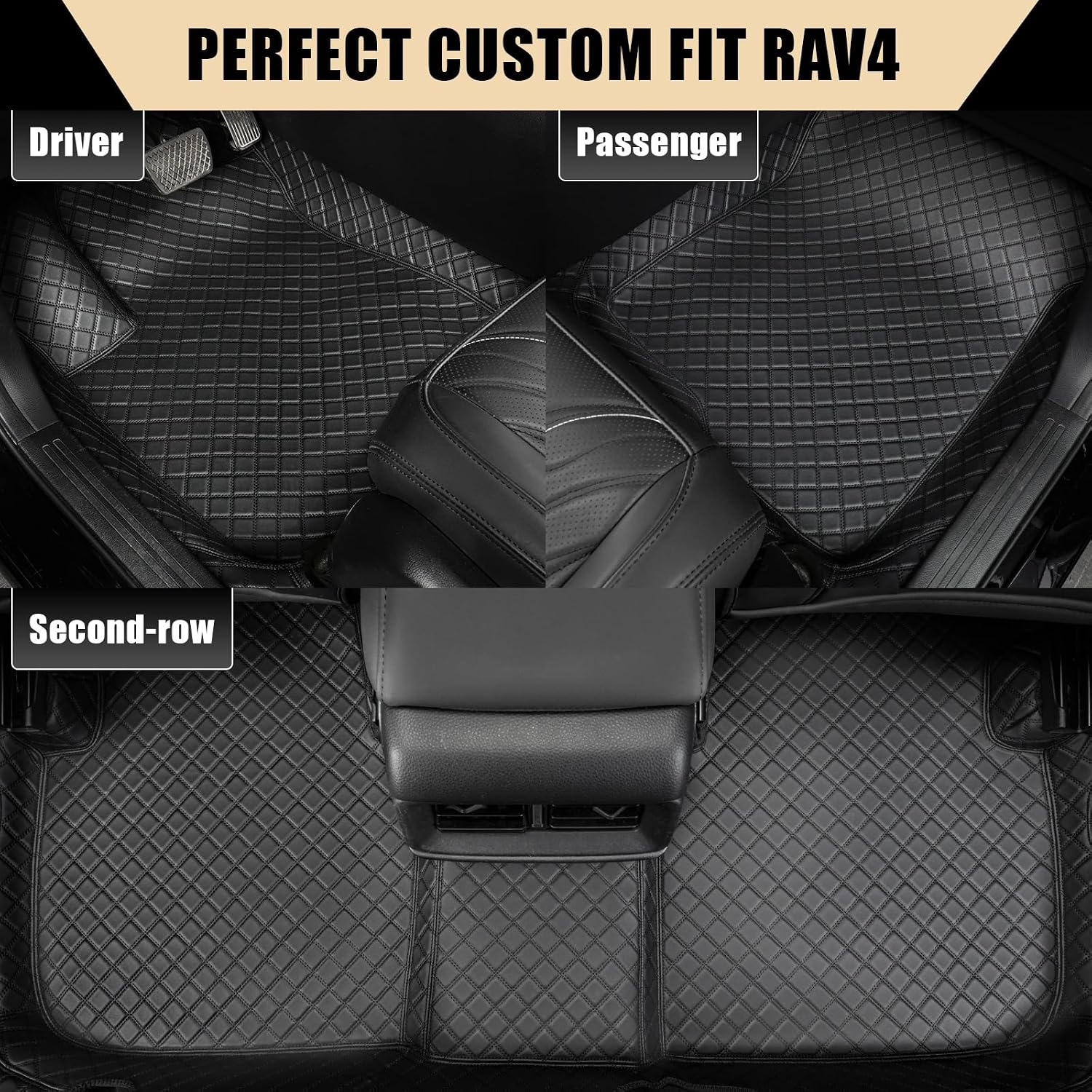 EKR Custom Floor Mats for Toyota RAV4 (Hybrid only) 2019-2025, Front & 2nd Row Luxury Car Floor Mat Fit RAV4 2019 2020 2021 2022 2023 2024 2025 - Leatherette (Black and Black Stitching)