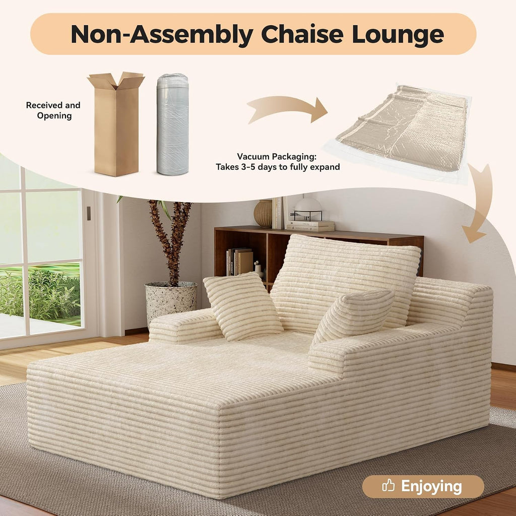 51'' Oversized Chaise Lounge Chair Indoor, Non-Assembly Deep Seat Sofa Bed Corduroy Sleeper Cloud Boneless Couch with 2pcs Pillows for Reading Living Room-Khaki