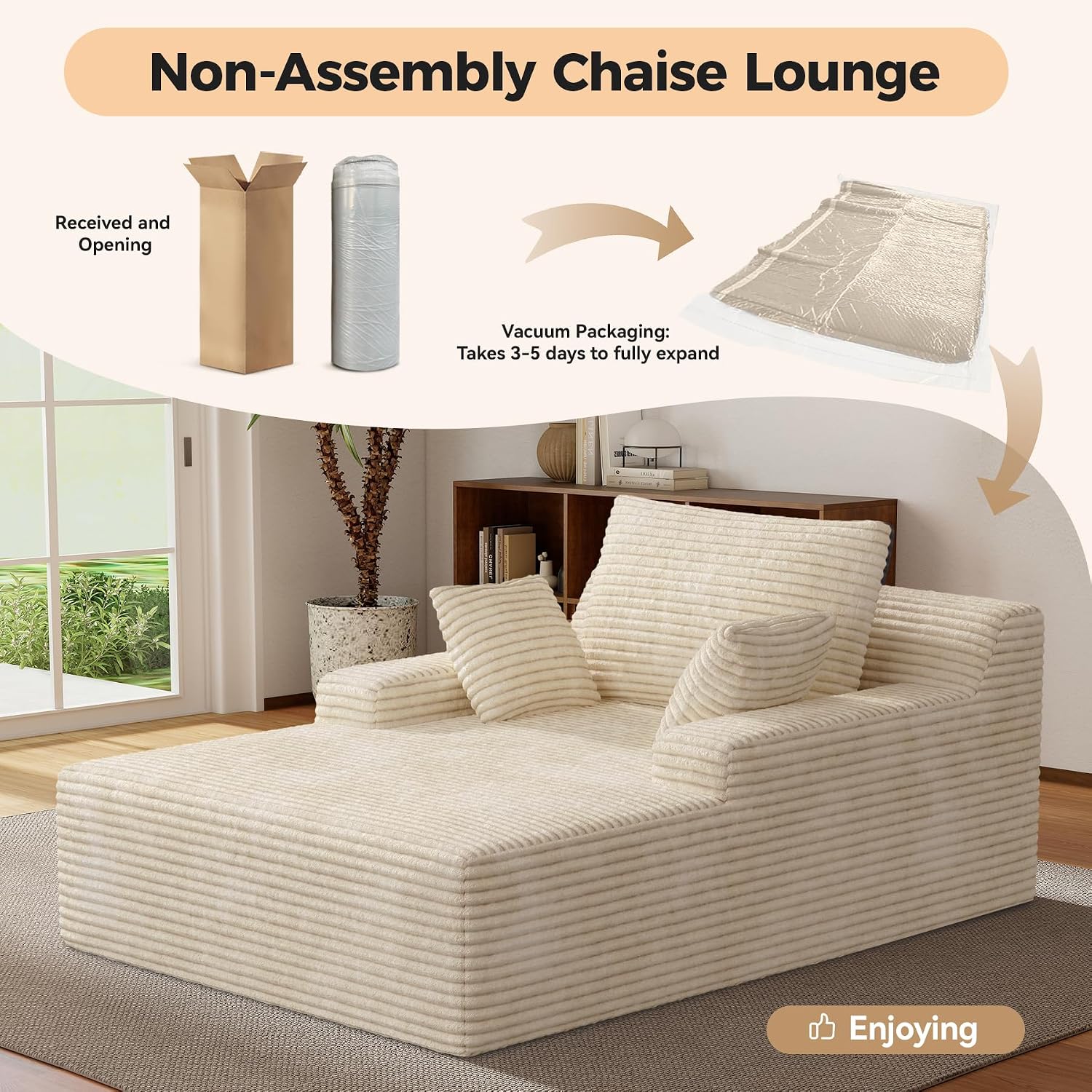 51'' Oversized Chaise Lounge Chair Indoor, Non-Assembly Deep Seat Sofa Bed Corduroy Sleeper Cloud Boneless Couch with 2pcs Pillows for Reading Living Room-Khaki