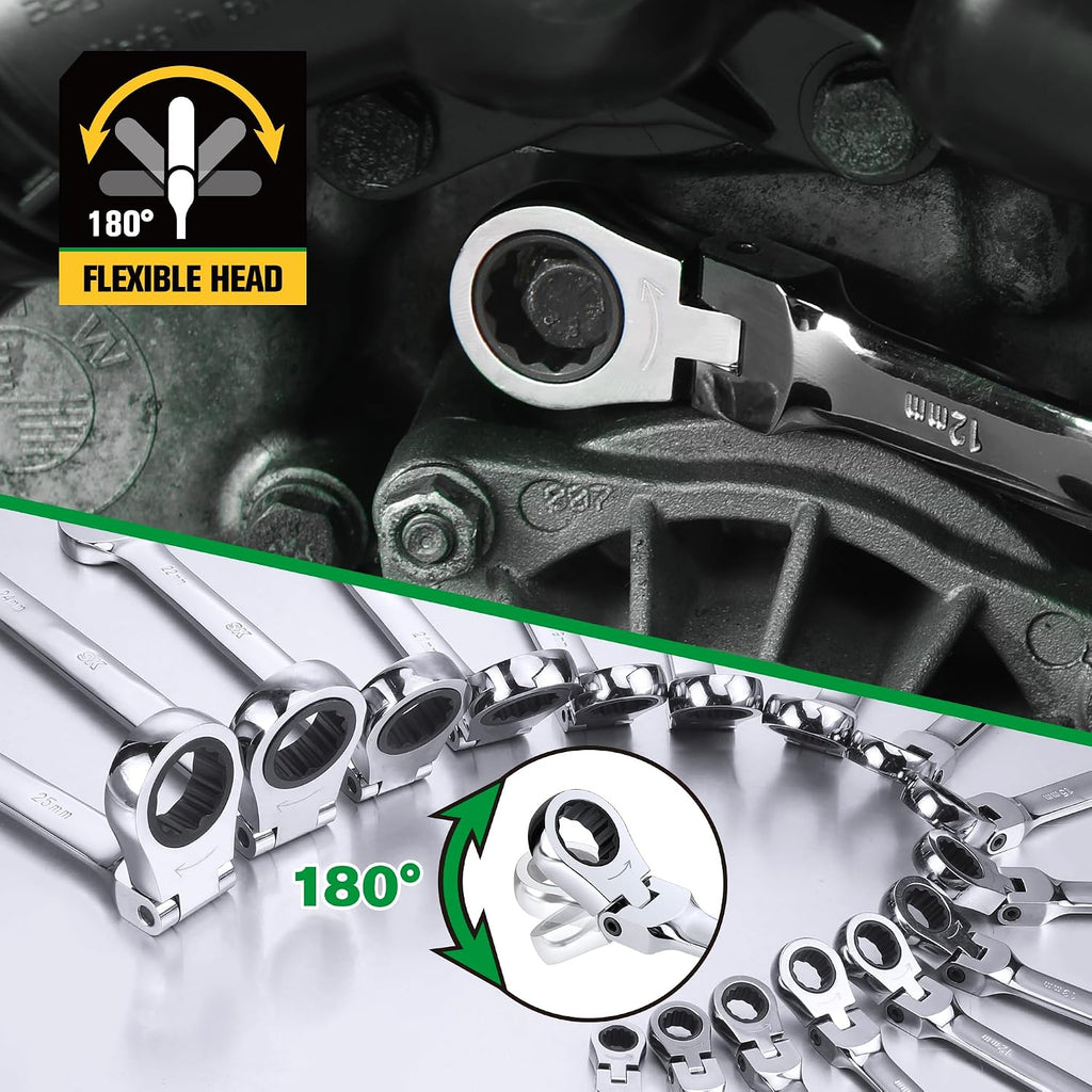 SK Flex-Head Ratcheting Wrench Set, Combination Wrench Set, 16-Piece, Metric 8 to 25mm, 72-Tooth, Premium CR-V Construction, with Rolling Pouch