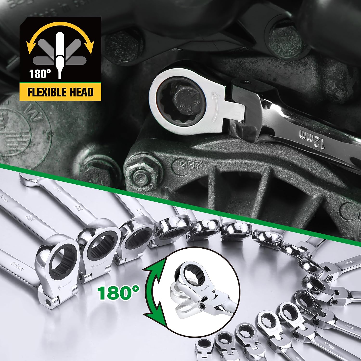 SK Flex-Head Ratcheting Wrench Set, Combination Wrench Set, 16-Piece, Metric 8 to 25mm, 72-Tooth, Premium CR-V Construction, with Rolling Pouch