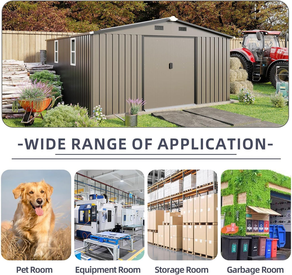 10x12 FT Outdoor Metal Storage Shed, Heavy Duty Galvanized Steel Garden Shed with Lockable Door, Vents, Windows, Waterproof UV-Resistant Tool Storage for Backyard, Patio