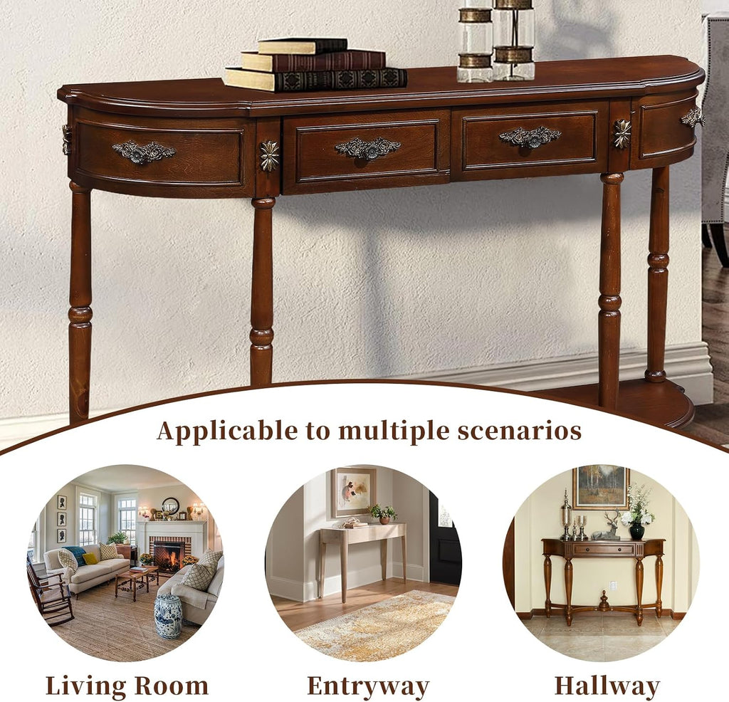 Retro Curved Console Table, 52' Half Moon Console Table Sofa Table Entryway Table with 2 Drawers 1 Open Shelf Solid Pine Legs for Living Room,Entryway,Hallway,Cherry