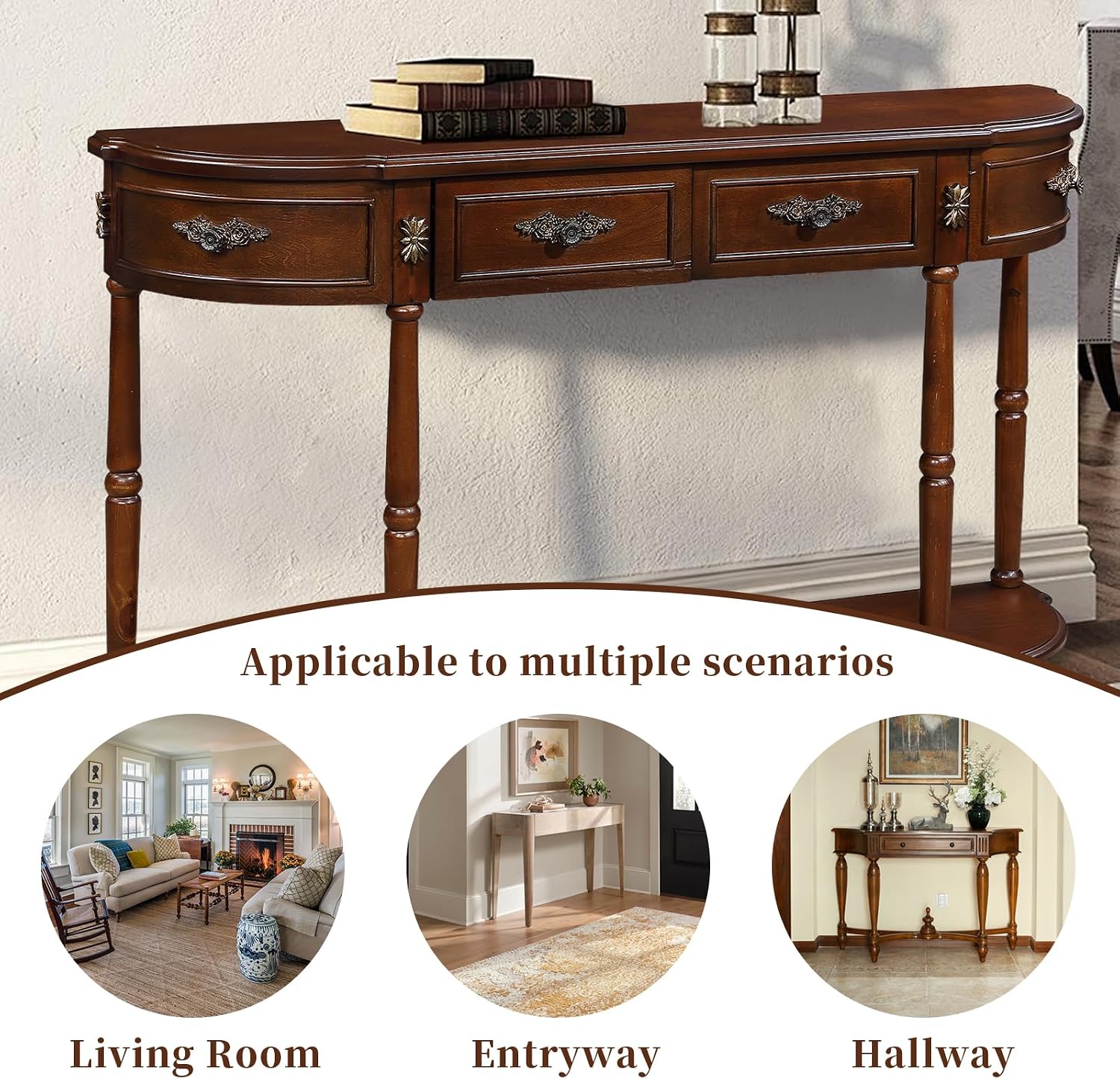 Retro Curved Console Table, 52' Half Moon Console Table Sofa Table Entryway Table with 2 Drawers 1 Open Shelf Solid Pine Legs for Living Room,Entryway,Hallway,Cherry