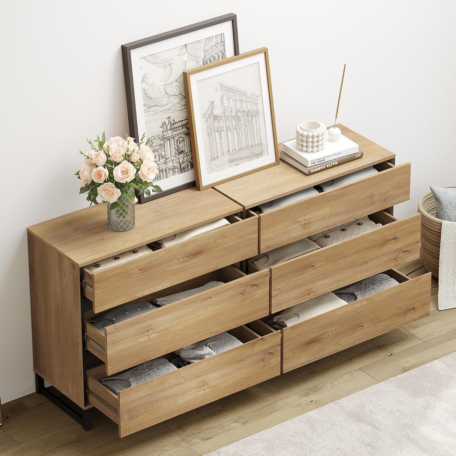 WAMPAT Modern TV Stand for TVs up to 100 Inch, 3-in-1 TV Console with Adjustable Shelves and 6 Drawers, Media Console for Living Room and Bedroom, Oak