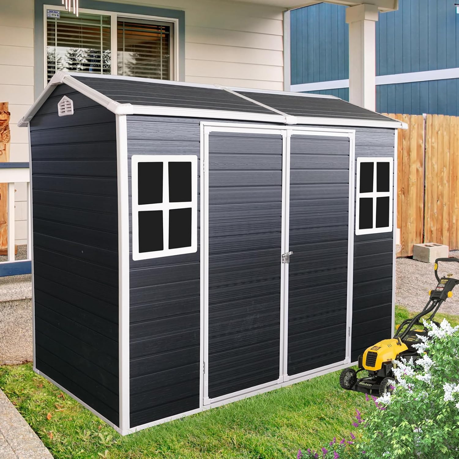 8x4ft Resin Outdoor Storage Shed: Double Doors & Two Windows, Heavy-Duty Plastic Shed with Floor, Waterproof UV-Proof Garden Tool Storage for Backyard, Patio, Yard, Lawn