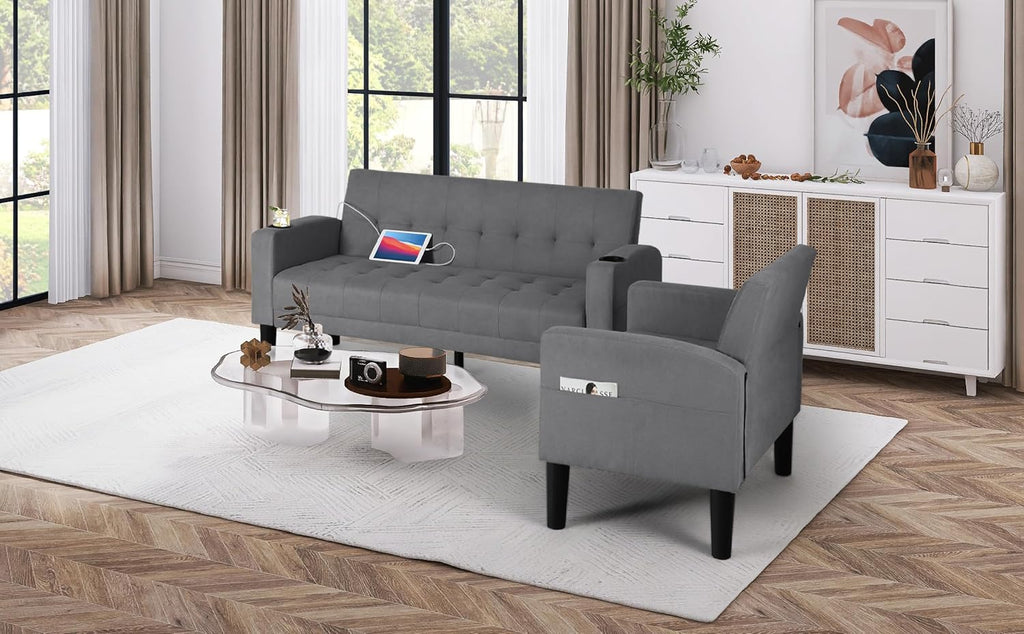 AILEEKISS 2 Piece Living Room Sofa Set 56' W Loveseat Sofas with 2 USB and Removable Armrests, Modern Fabric, 2 Pcs Sectional Couches Set for Apartment, Small Space, Dark Grey