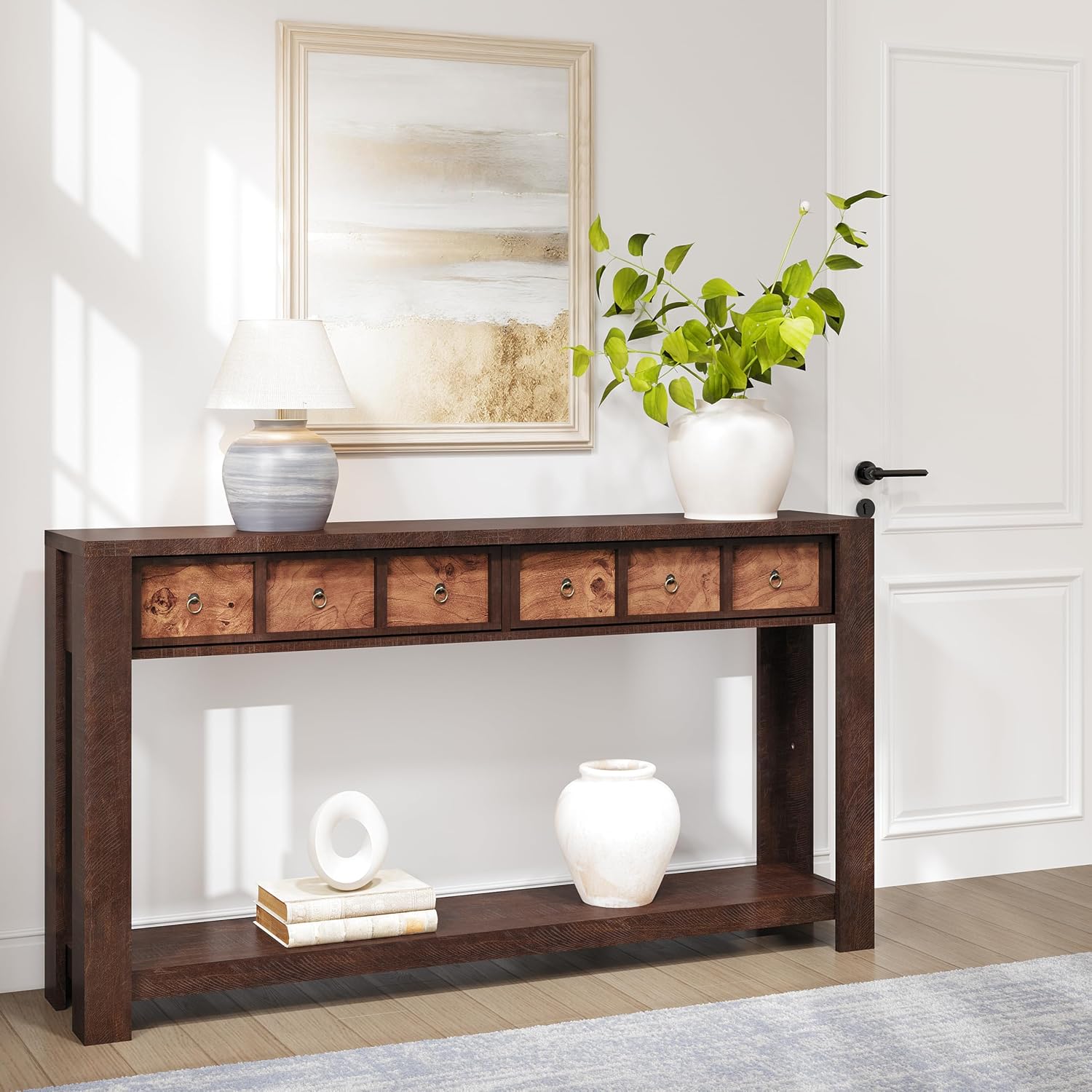 IDEALHOUSE 54inch Rustic Wooden Entryway Table with 2 Drawers & Open Shelf – Farmhouse Console Sofa Table for Hallway, Foyer & Living Room, Burlywood