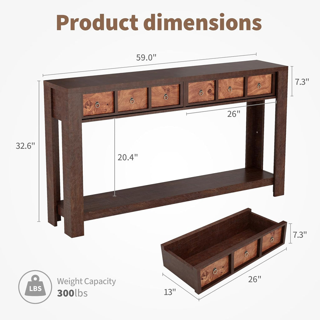 IDEALHOUSE 54inch Rustic Wooden Entryway Table with 2 Drawers & Open Shelf – Farmhouse Console Sofa Table for Hallway, Foyer & Living Room, Burlywood