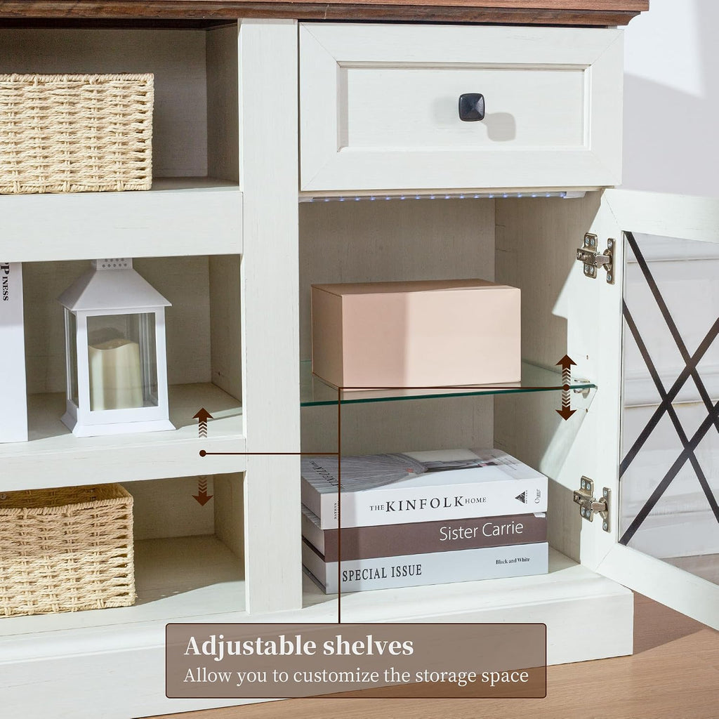 70 Inch Farmhouse TV Stand Table for 75/80 inch TV, Modern Entertainment Center with LED Lights and 2 Drawers, Wooden TV Stands for Living Room (Antique White)