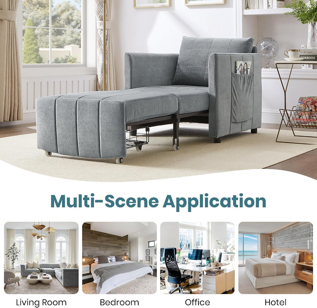 Ball & Cast 31.5' Convertible Pull-Out Sleeper Sofa Bed,Chenille Upholstered Pull Out Couch Chair,3 in 1 Single Sofa Chair W/Storage Basket and Side Pocket,Recliner Chaise Lounge for Living Room,Grey