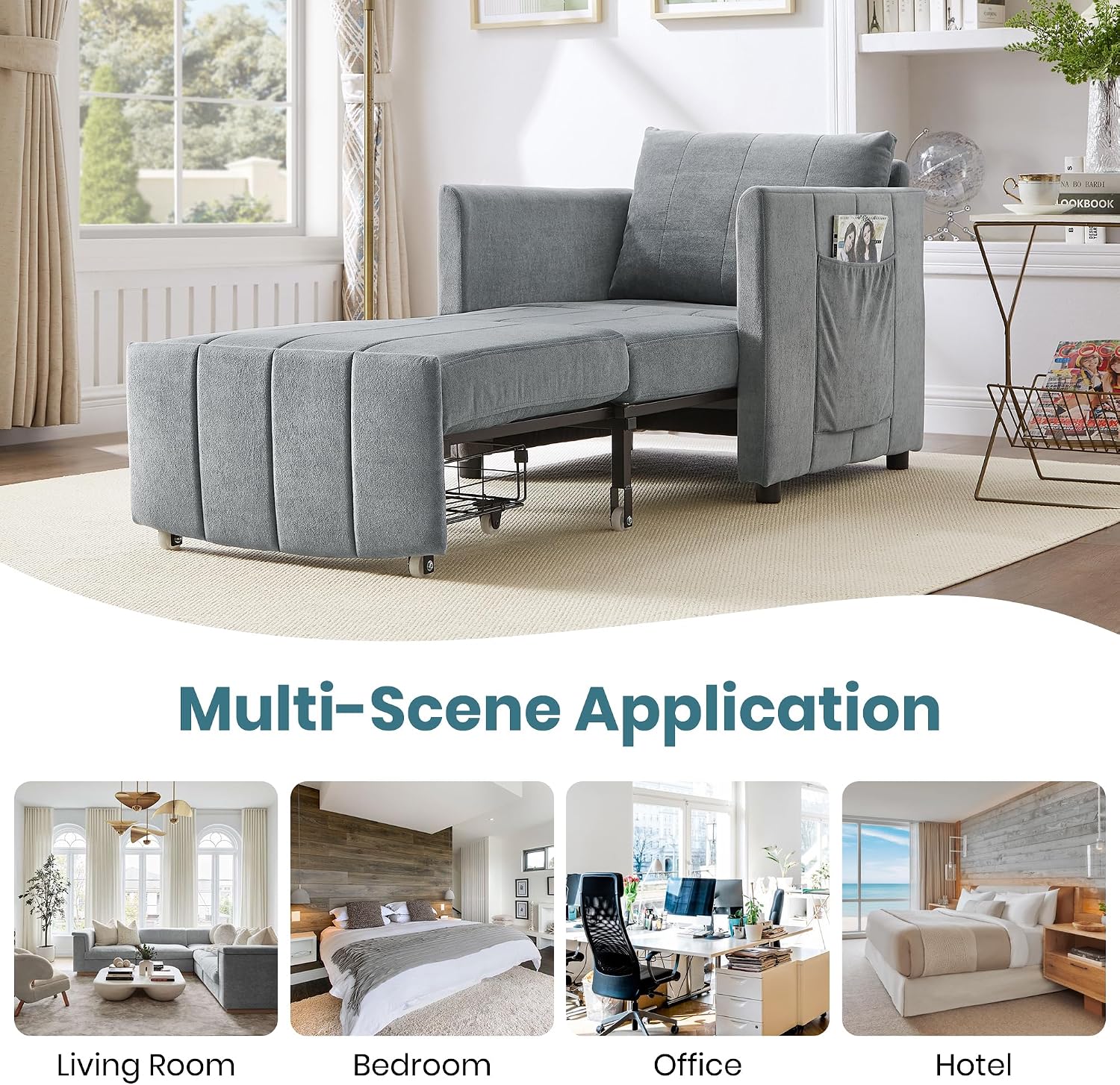 Ball & Cast 31.5' Convertible Pull-Out Sleeper Sofa Bed,Chenille Upholstered Pull Out Couch Chair,3 in 1 Single Sofa Chair W/Storage Basket and Side Pocket,Recliner Chaise Lounge for Living Room,Grey