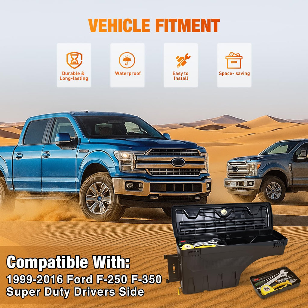 Nilight Truck Bed Tool Box Left Drivers Side Tool Boxes Fit for Ford F-250/350 Super Duty 1999-2016 ABS Swing Case Truck Storage Box with Lockable Lid Waterproof Wheel Well Toolbox for Truck Bed