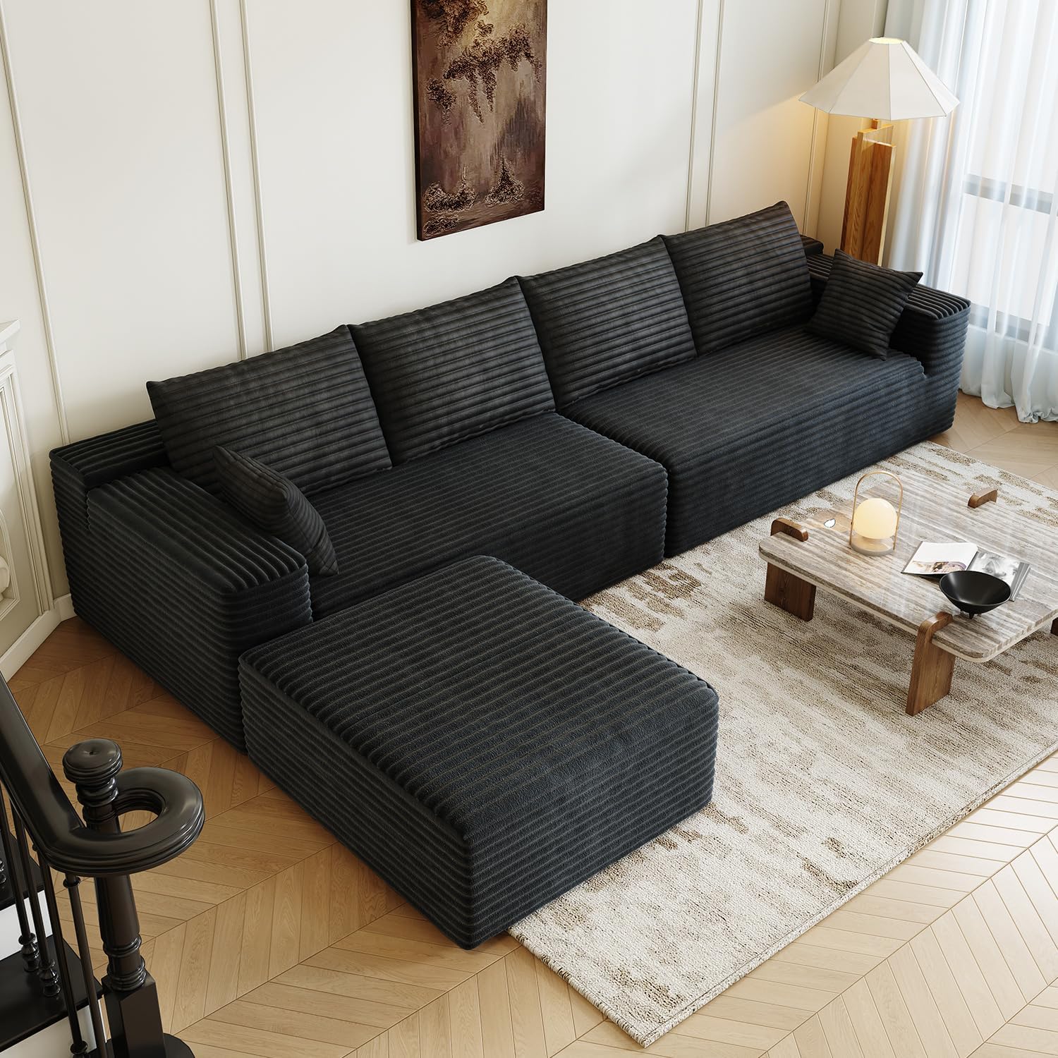139.4' Modular Sectional Sofa, L-Shaped Minimalist Couches with Ottoman Chaise, Modern Deep Seat Convertible Sleeper Sofa,Cloud Plush Corduroy Fabric, No Assembly Required, 5 Seater, Black