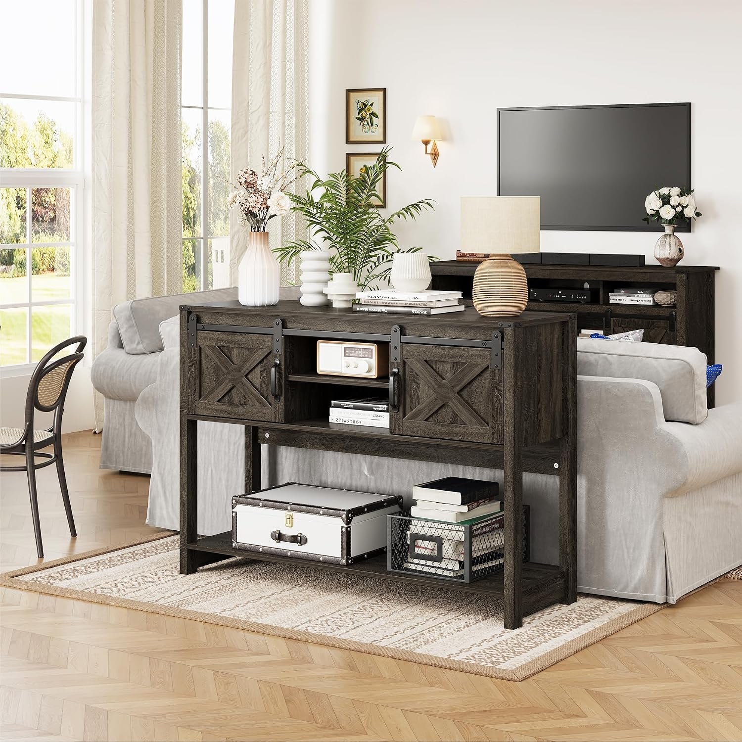 RoyalCraft Console Table with Storage Shelf & Sliding Barn Door, Farmhouse Entryway Table with Storage, 46' Narrow Long Sofa Table, Behind Couch Table, Console Tables for Living Room, Entryway, Foyer
