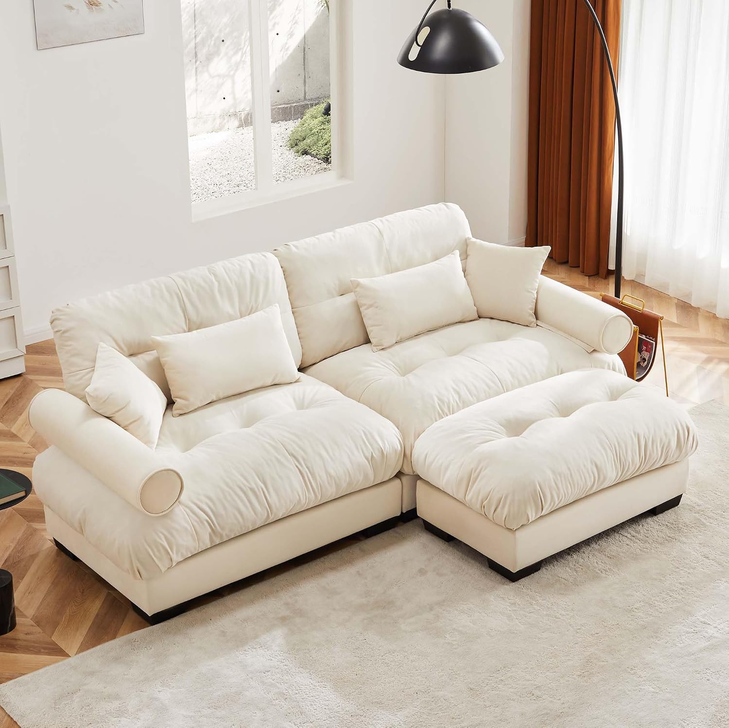 93.7' Loveseat Sofa Modular Sectional Sofa, 2 Seater Modern Cloud L Shaped Couch, Oversized Sectional Couches for Living Room, Comfy Velvet Sofas Deep Seat Couch with 4 Pillows, Cream