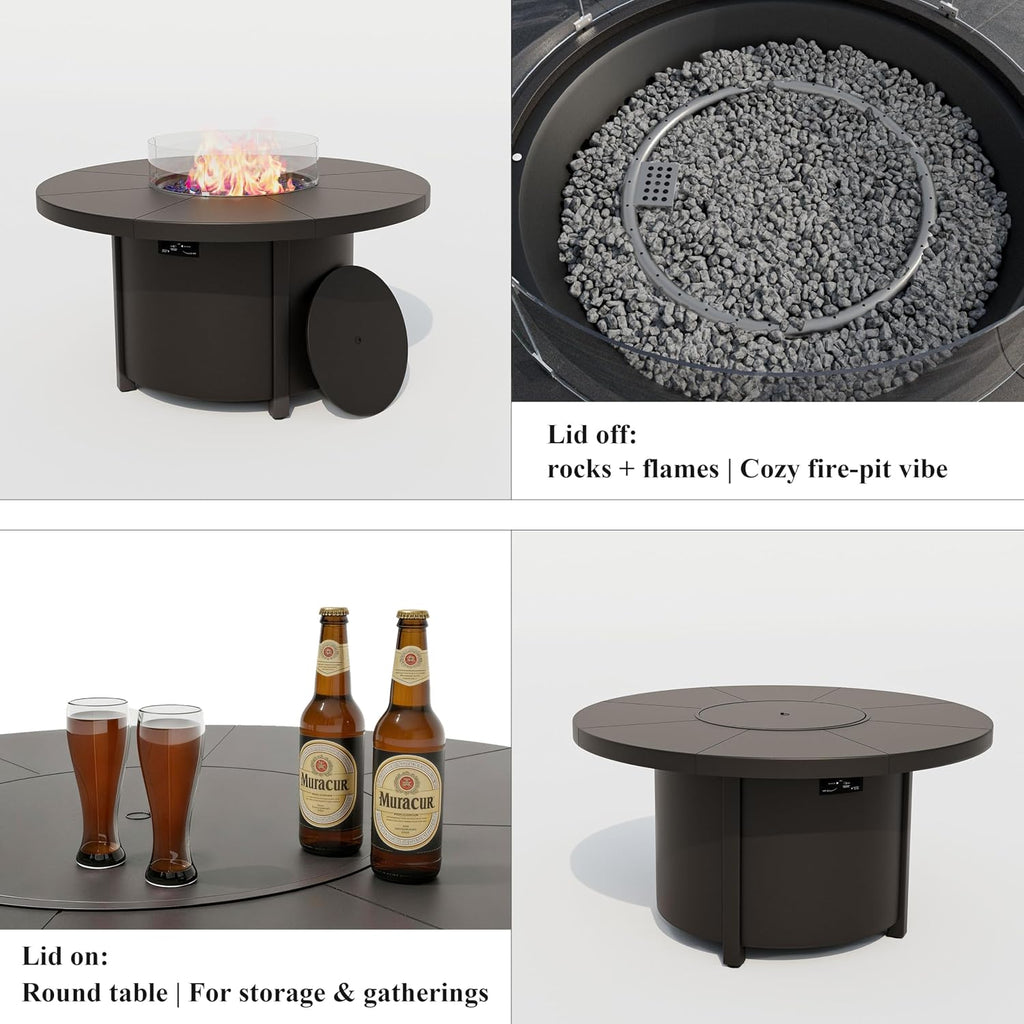 48 Inch Round Propane Fire Pit Table, 55000 BTU Auto-Ignition Gas Fire Pit with Steel Tabletop, Adjustable Flame, Windshield, Lid & CSA Certification for Patio Backyard Garden